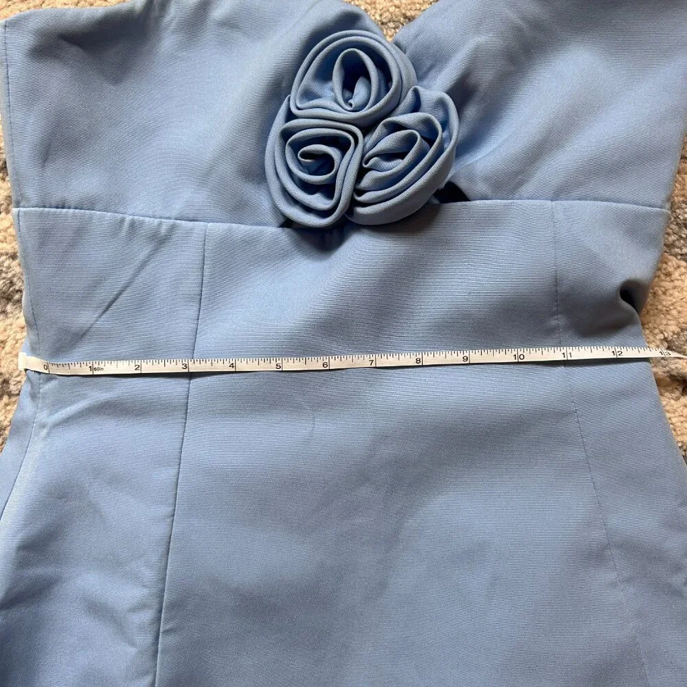 Showpo. Odelle Mini Dress - Tulip Hem Cut Out 3D Floral Dress in Blue - Picture 6 of 9